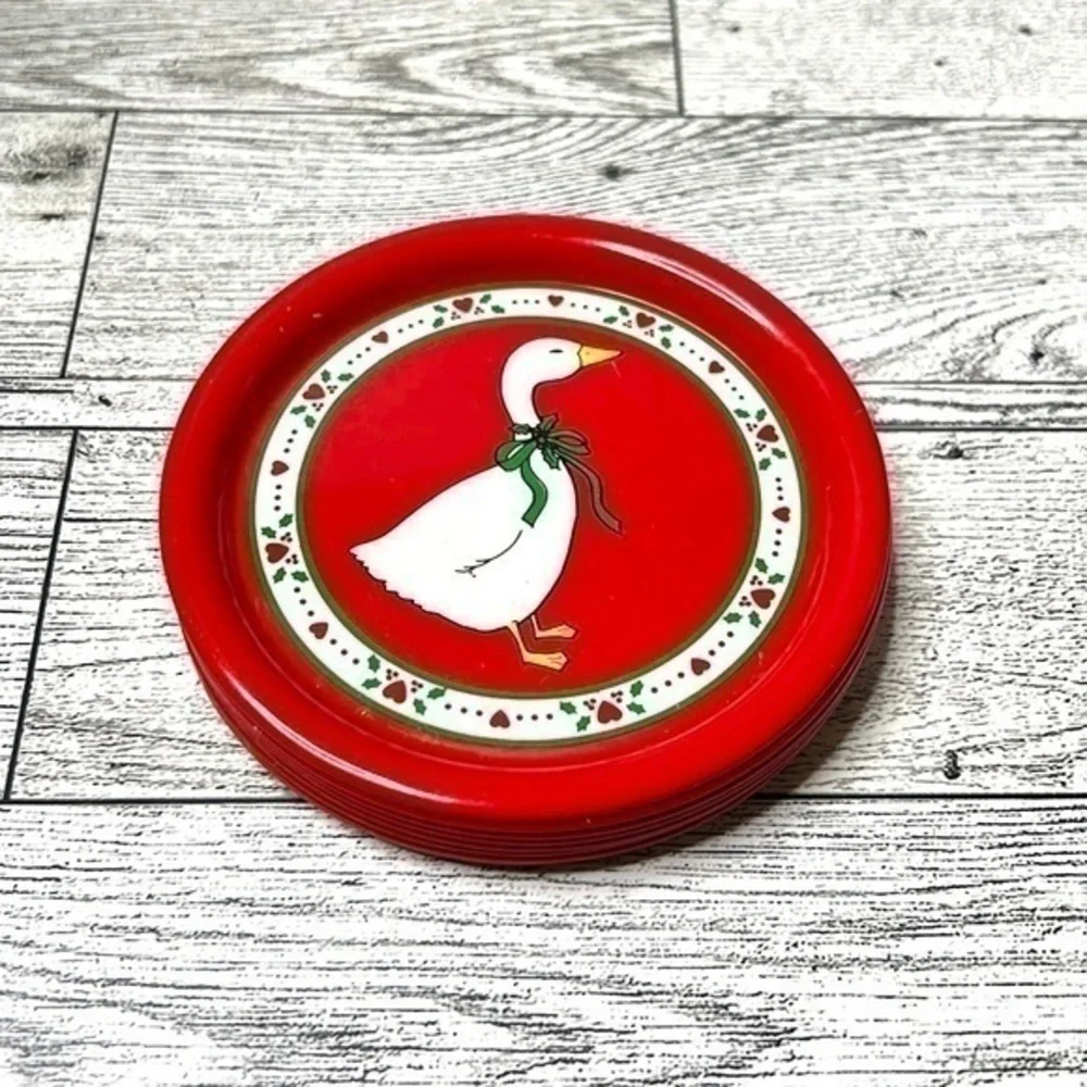Vintage Aluminum Tin Christmas Geese Coaster Set (8)